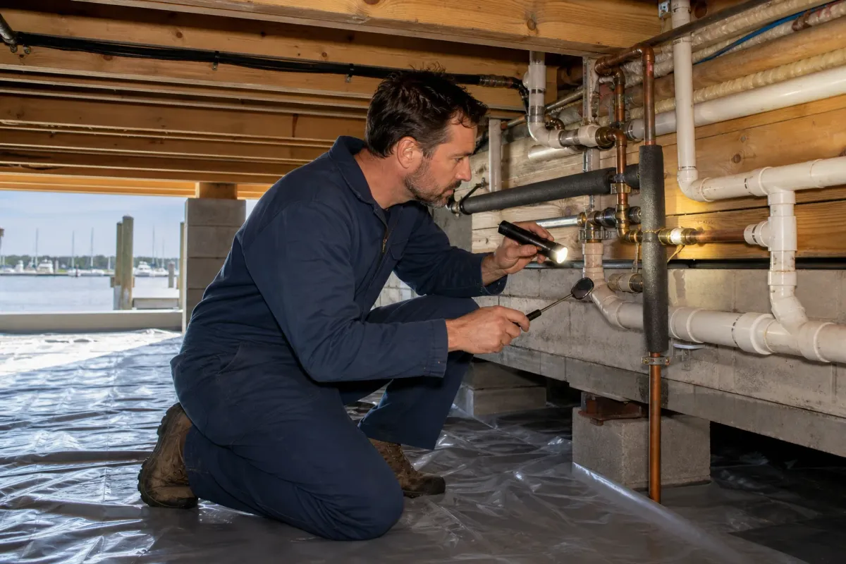 A plumber inspecting supply and drain pipes beneath a raised waterfront home in Deale