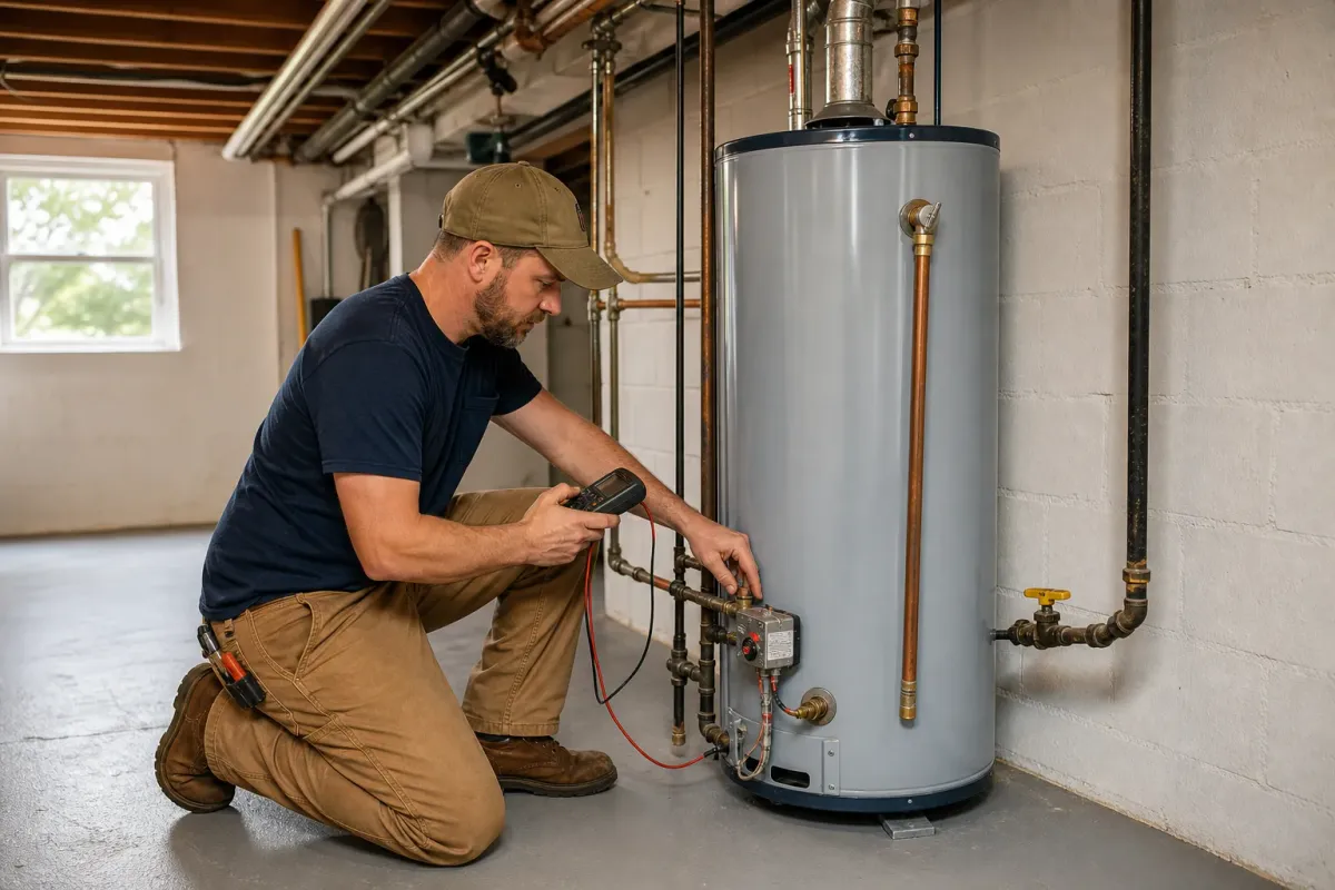 A plumber testing a tank water heater in a Huntingtown basement utility room