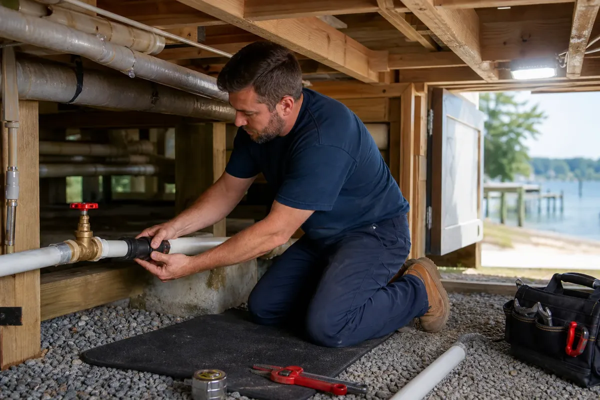A plumber repairing an accessible water pipe below a raised waterfront home in Shady Side