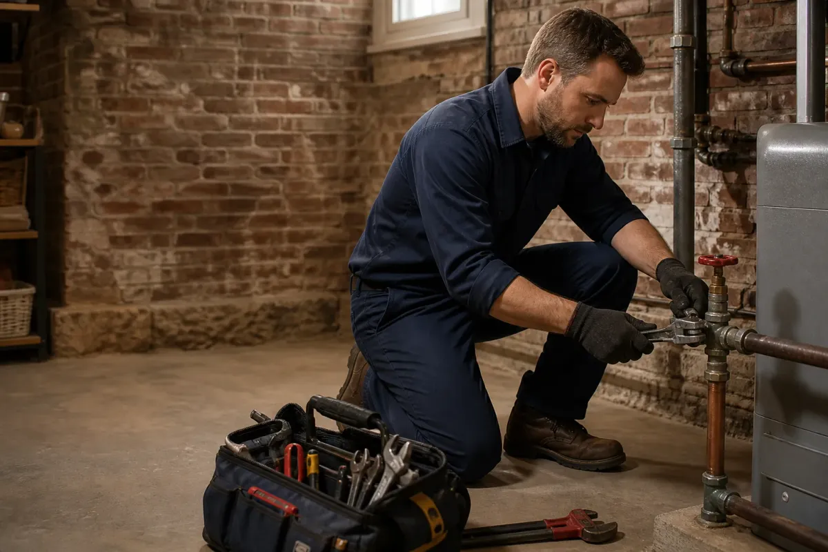 A plumber repairing an aging water-pipe connection in an older Upper Marlboro property